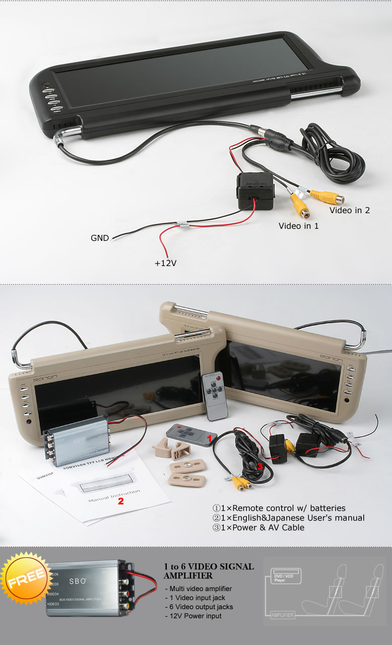 Eonon 12.2 TFT LCD SUNVISOR MONITOR (One Pair) ＋ 1 to 6 Video Signal Amplifier(L0311M)