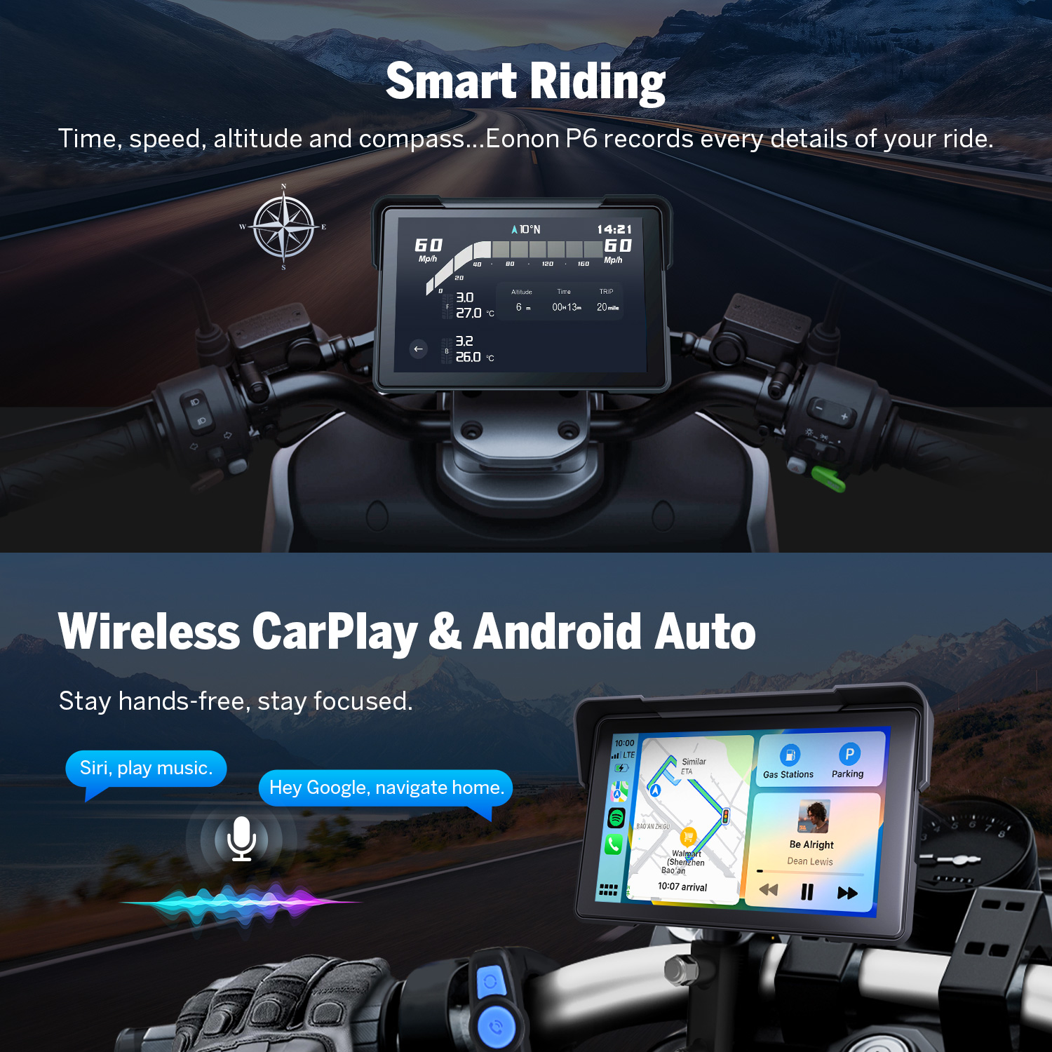 Eonon 7" Motorcycle Display with CarPlay, Android Auto, and IP68 Waterproof Dual Camera