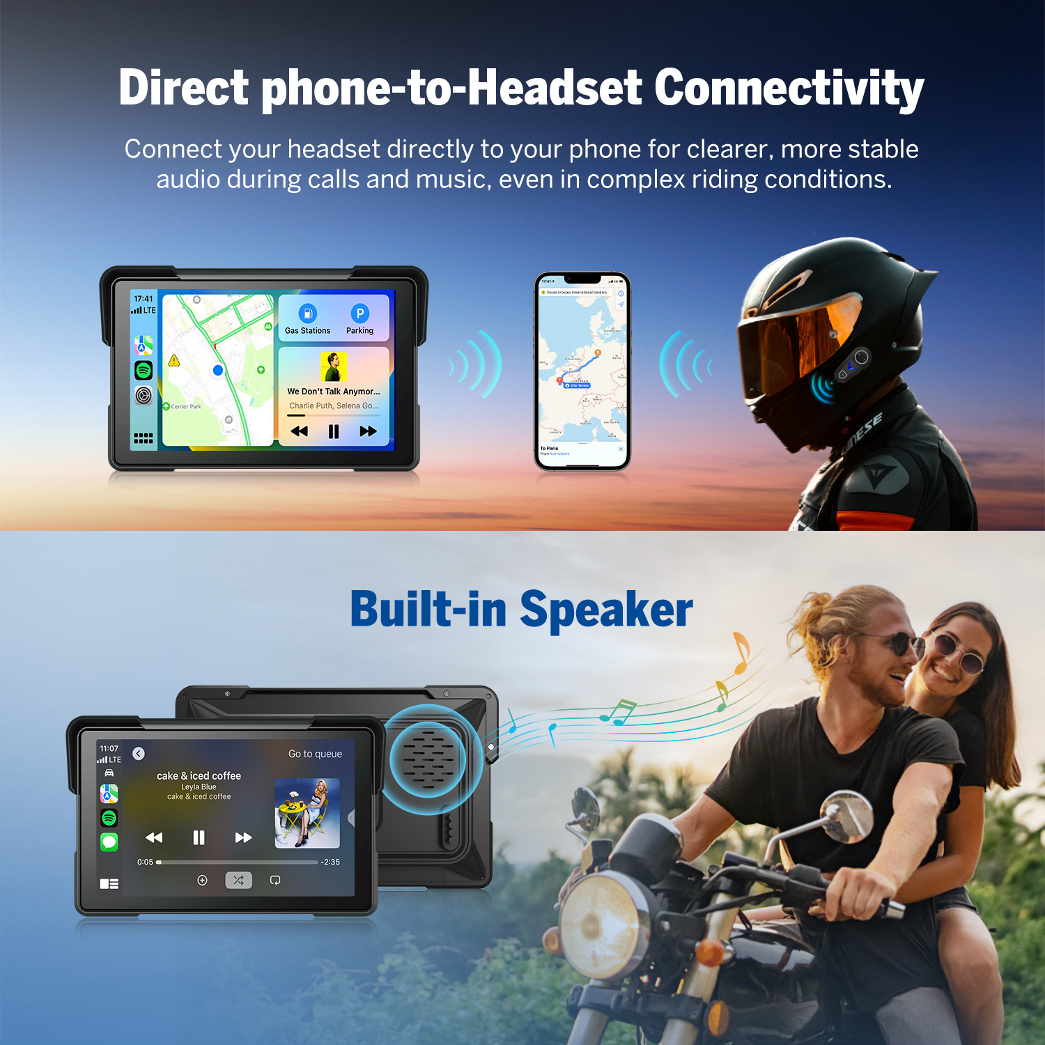 Eonon 7" Motorcycle Display with CarPlay, Android Auto, and IP68 Waterproof Dual Camera