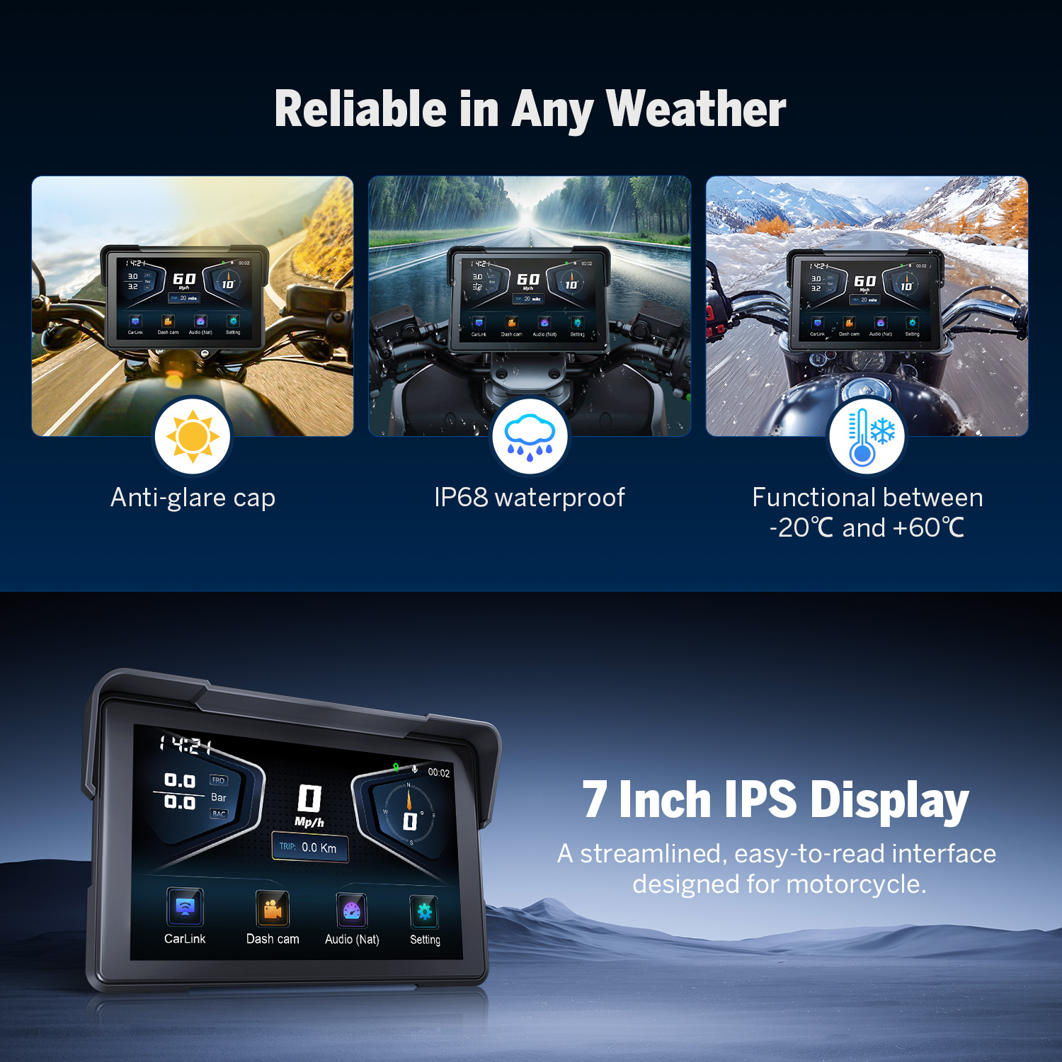 Eonon 7" Motorcycle Display with CarPlay, Android Auto, and IP68 Waterproof Dual Camera