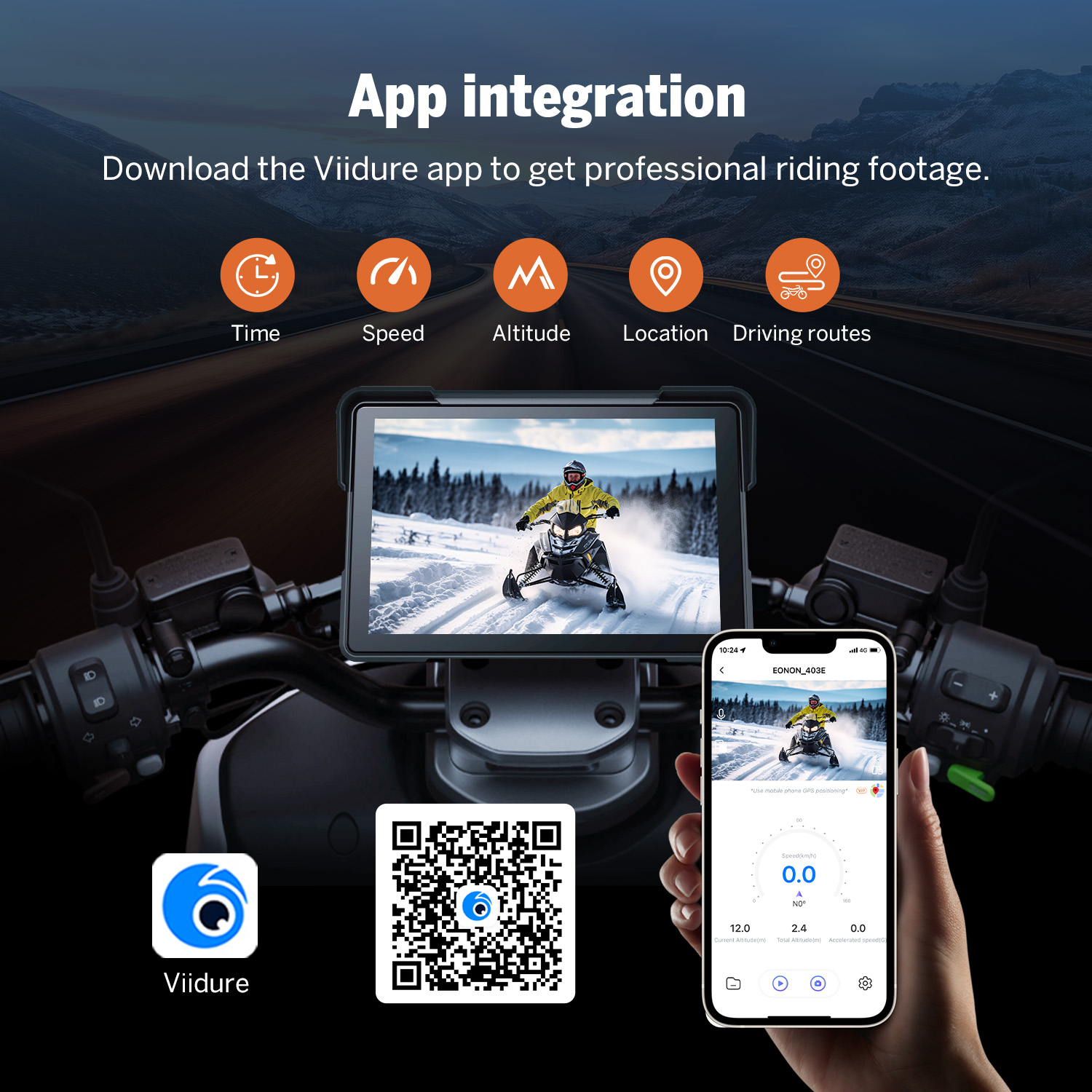 Eonon 7" Motorcycle Display with CarPlay, Android Auto, and IP68 Waterproof Dual Camera