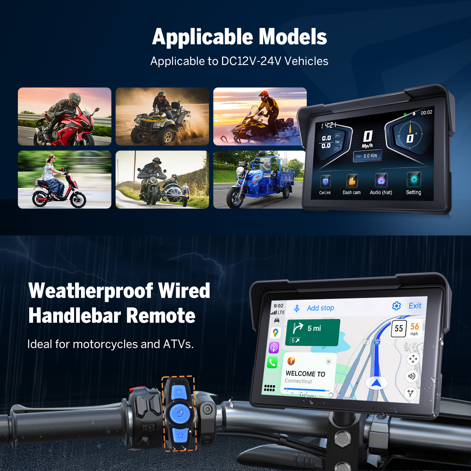 Eonon 7" Motorcycle Display with CarPlay, Android Auto, and IP68 Waterproof Dual Camera