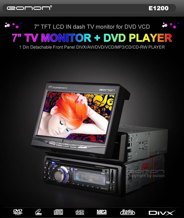 7 Inch TFT LCD in dash TV Monitor + 1 Din Detachable Front Panel Car DVD Player