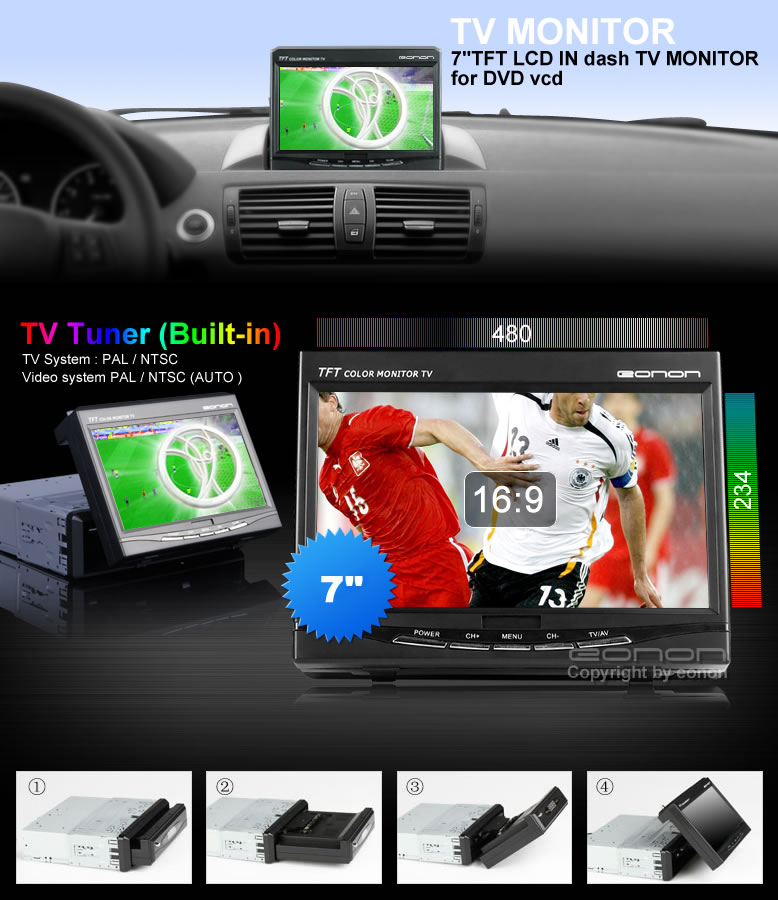 7 Inch TFT LCD in dash TV Monitor + 1 Din Detachable Front Panel Car DVD Player