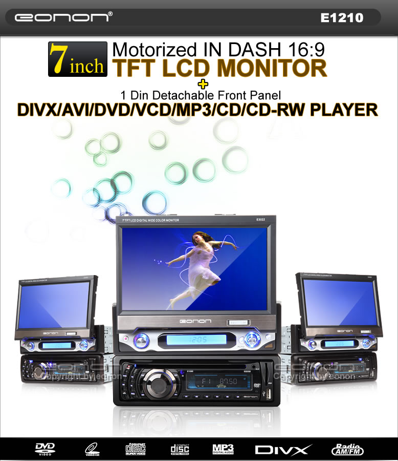 7 Motorized IN DASH TFT LCD MONITOR + 1 Din Detachable Front Panel Car DVD Player