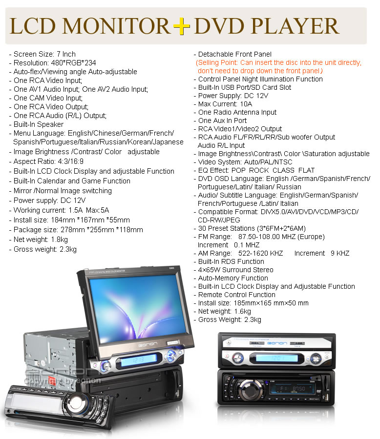 7 Motorized IN DASH TFT LCD MONITOR + 1 Din Detachable Front Panel Car DVD Player