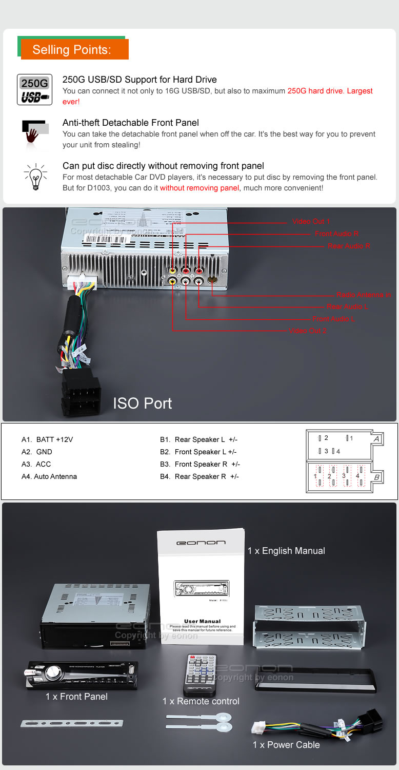 EONON D1003 CAR CD DVD PLAYER USB SD AVI  RDS DIVX  