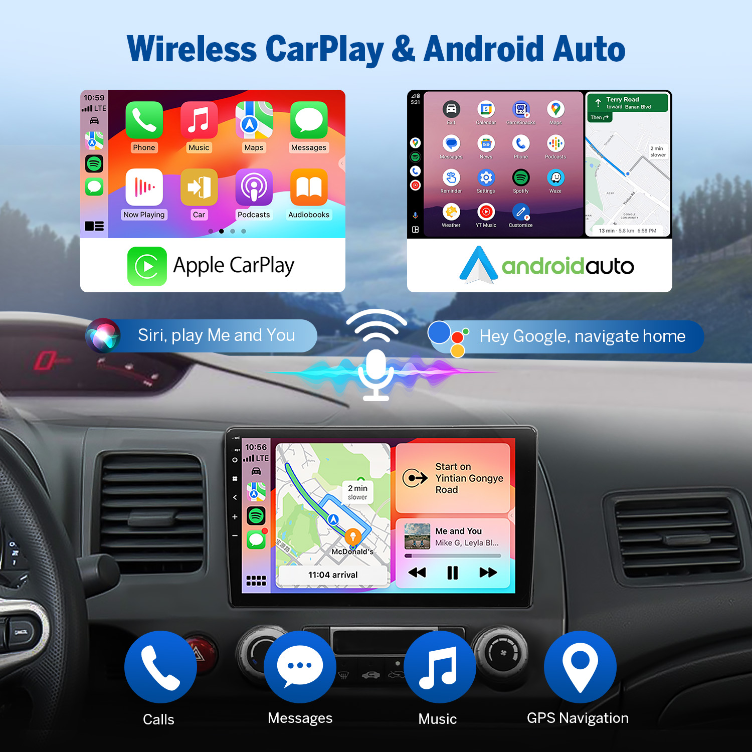 Eonon Honda Civic 10.1 Inch Android 13 Car Stereo with Wireless CarPlay & Android Auto