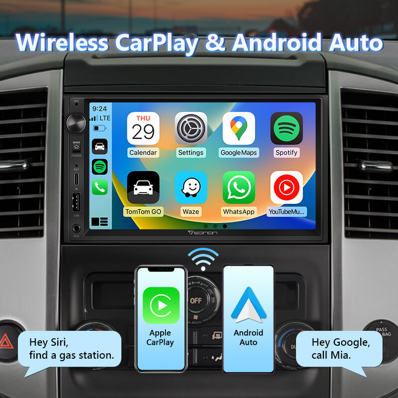 7” Double Din Car Stereo, Wireless CarPlay/Android Auto/Type-C
